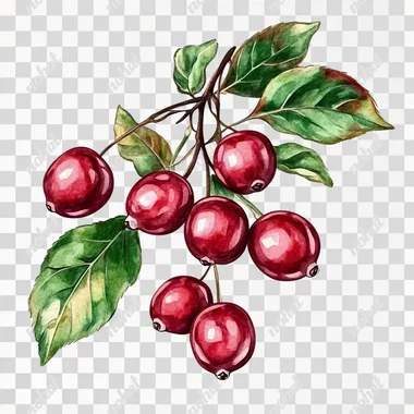 Watercolor Cranberries: Botanical Branch with Fresh Leaves