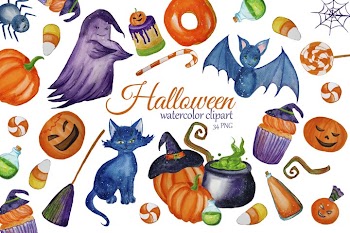 Watercolor Cute Halloween Clipart. Witch clip art