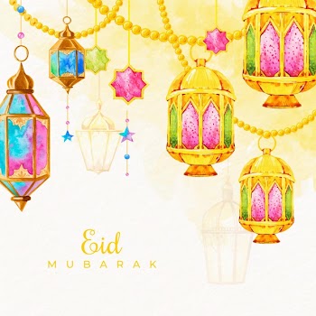 Watercolor eid mubarak with hanging candles Free Vector