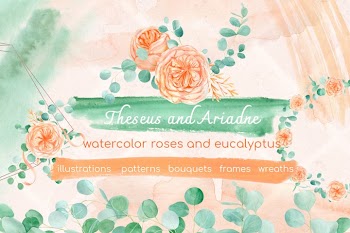 Watercolor eucalyptus and peach floral rose clipart