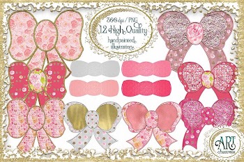 Watercolor floral bow clipart,stationery,glitter bows,ribbon