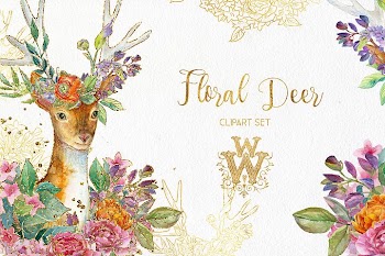 Watercolor floral deer printable clipart, golden graphics