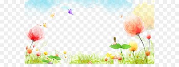 Watercolor Flower Plant Butterfly Blue Sky Background 