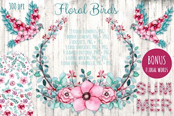 Watercolor Flowers and Birds Set