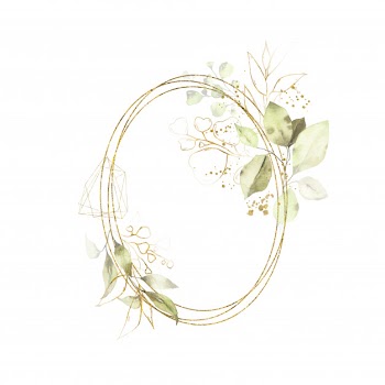 Watercolor gold geometrical round oval frame with green leaves Free Vector