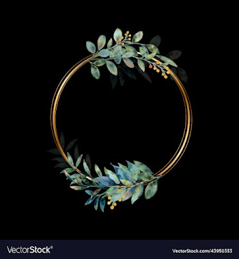 watercolor green leaves wreath with gold circle