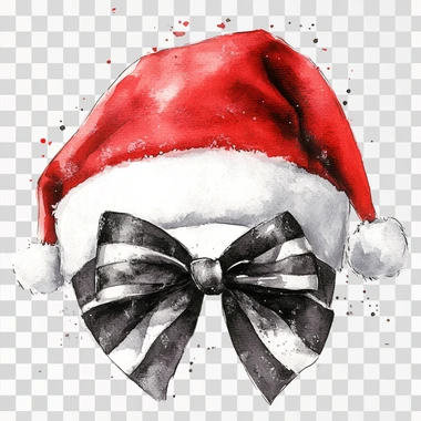 watercolor image of Santa hat, Red with a large black and wh