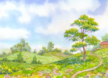 Watercolor landscape merry sunny summer day. Tall oak tree beside the path leading down the hill to the valley