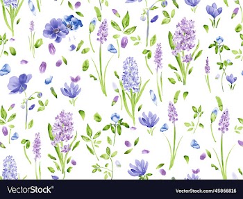watercolor levander flower green leaves repeat