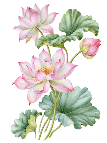 Watercolor Lotus Branch on White Background