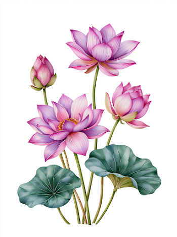 Watercolor Lotus Flower Branch