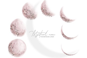 Watercolor "Mystical moon" clipart with floral decoration