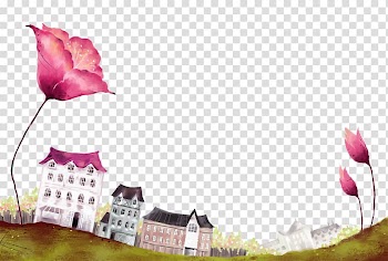 Watercolor painting Comics Cartoon Fukei Poster, Flowers and houses transparent background PNG clipart
