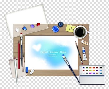 Watercolor painting Drawing, Drawing tools on the desk transparent background PNG clipart