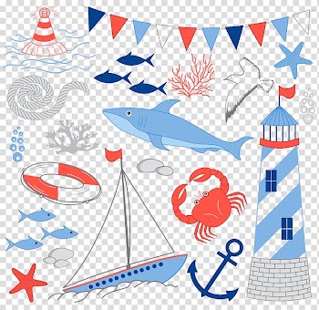 Watercolor painting , Fish swim ring sailing rope red crab transparent background PNG clipart