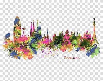 Watercolor painting Skyline Art Casa Batlló, watercolor skyline transparent background PNG clipart