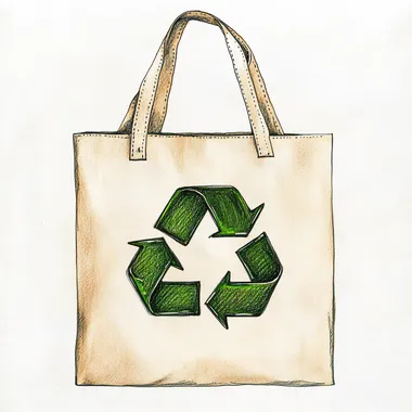 Watercolor Pencil Drawing of Cream Tote Bag with Green Recycle Logo Watercolor Pencil Drawing of Cream Tote Bag with Green Recycle Logo