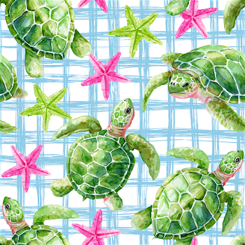Watercolor Sea Turtle and Starfish Seamless Pattern