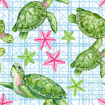 Watercolor Seamless Pattern of Sea Turtles and Starfish