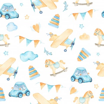 Watercolor seamless pattern with boys toys car airplane pyramids flags rocking horse Free Vector