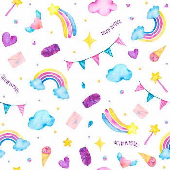 Watercolor seamless pattern with cute magic unicorn, ice-cream, magic wand, clouds isolated Free Vector