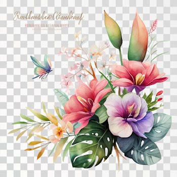 Watercolor tropical flower bouquets, PNG transparent background