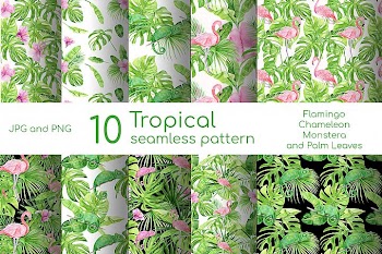 Watercolor tropical seamless pattern with pink flamingo