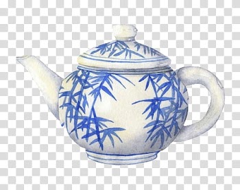 WaterColor, white and blue floral ceramic teapot transparent background PNG clipart