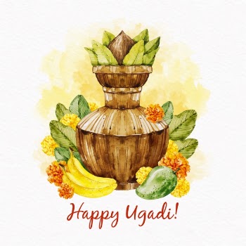 Watercolour ugadi vase with leaves and fruit Free Vector