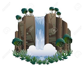Waterfall Cartoon Landscape With Mountains, Trees And Bushes ...