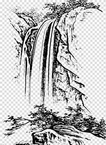 Waterfalls , u4e2du56fdu767du63cf Shan shui Landscape painting Chinese painting, White sketch simple pen and water painting material transparent background PNG clipart