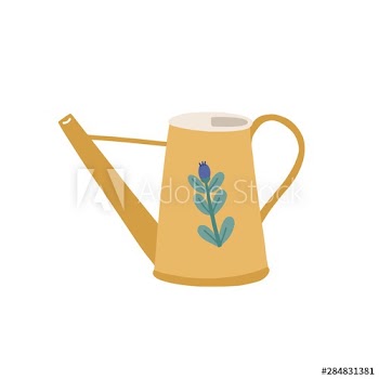 Watering can or pot decorated by cute flower isolated on white background