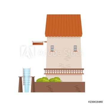 Watermill with brick walls and wheel isolated on white background
