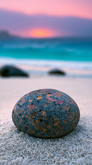 Weathered Basalt Pebble on Historic Shoreline at Dawn