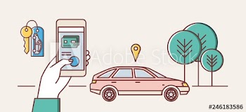 Web banner template with hand holding smartphone and automobile on city street