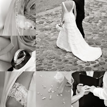 Wedding collage showcasing a couple in Charleston on a cobblestone street
