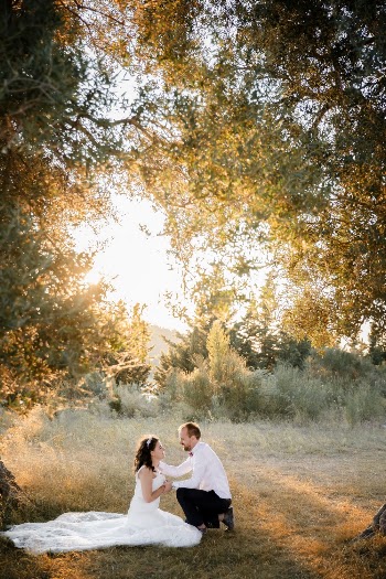 Wedding Couple  Kneeling on Grass Near Tree during Sunrise