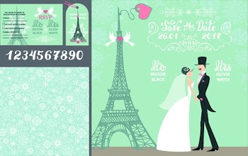 Wedding design template set.Winter,Christmas season.Bride in white dress and groom,snowflakes ornament,Eiffel tower,Paris.Flat couple people.Holiday invitation,save date,RSVP,tag. Vector Illustration