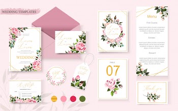 Wedding floral golden invitation card save the date rsvp table menu design with pink flowers roses and green leaves wreath and frame. botanical elegant decorative vector template in watercolor style Free Vector