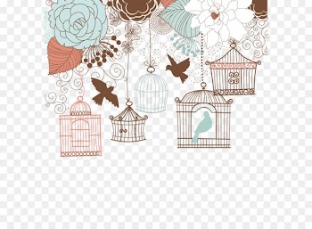 Wedding invitation Birdcage Illustration - Hand-painted retro flowers and birdcage 
