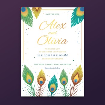Wedding invitation design with peacock feathers Free Vector
