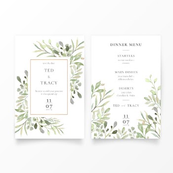 Wedding invitation & menu template with green leaves Free Vector