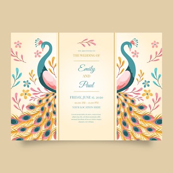 Wedding invitation template with a peacock Free Vector
