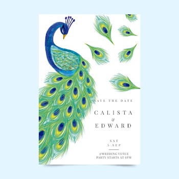 Wedding invitation template with a peacock Free Vector