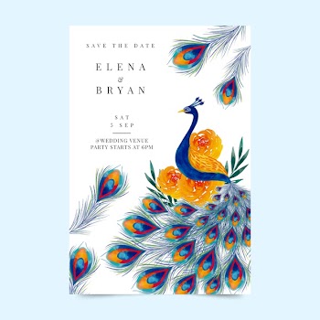 Wedding invitation template with a peacock Free Vector