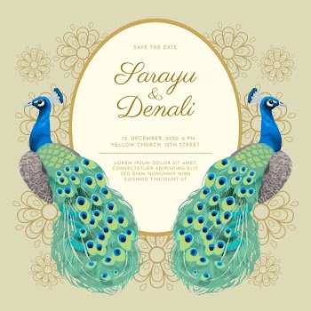 Wedding invitation template with a peacock Free Vector
