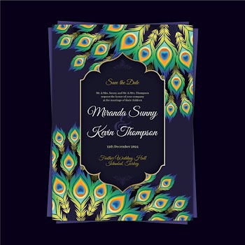 Wedding invitation template with colourful peacock feathers Free Vector