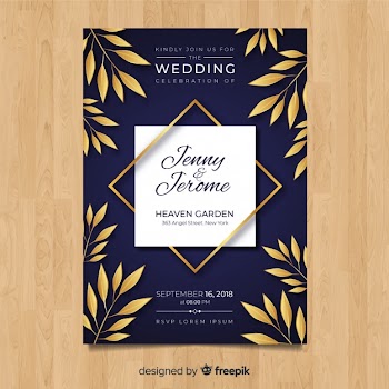 Wedding invitation template with golden leaves Free Vector