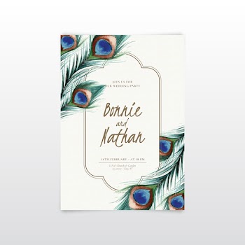 Wedding invitation template with peacock feathers Free Vector