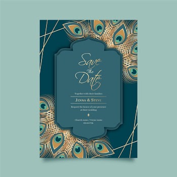 Wedding invitation template with peacock feathers Free Vector